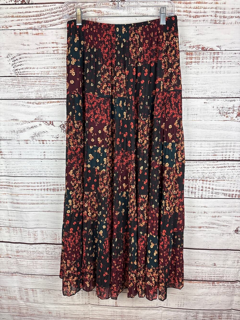 CYINU Black Floral Maxi Skirt Chiffon Flowy Boho Cottagecore Festival Womens L